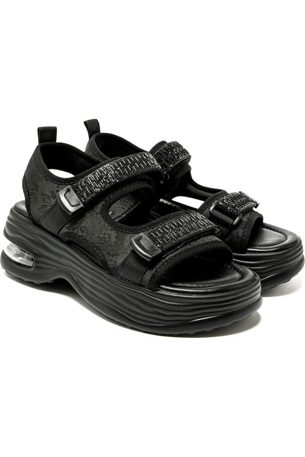 25Y417 Black Women's Stone Velcro Sequined Orthopedic Thick Orthopedic Sole Summer Sports Sandals Shoes