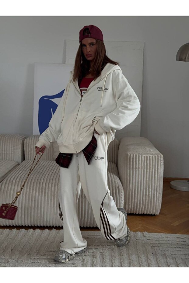 Women's Oversize Tracksuit Set Vision Printed White – Hooded Zipper Closure, Lace-Up Waist, Pipe Leg