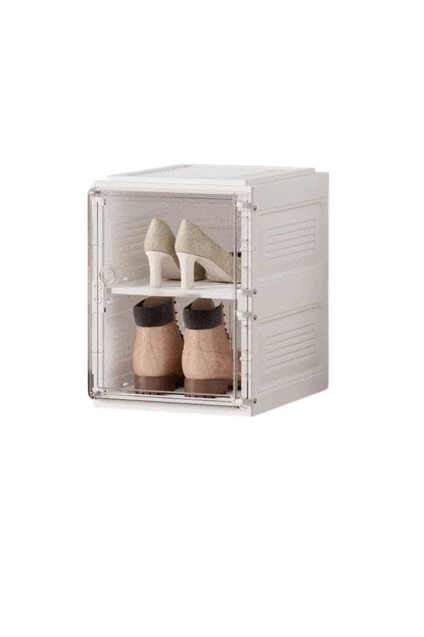 Stackable Shoe Storage Box Set, Clear Plastic, Front Opening Door, Modular Design, White