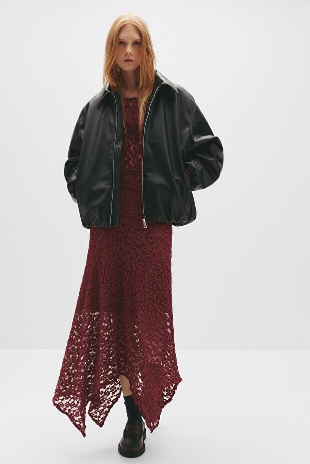 Asimetrik dantel midi etek - 1