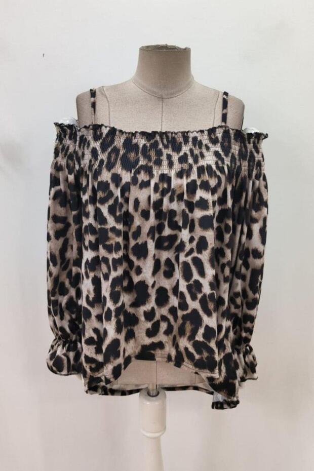 Leopard Patterned Off-Shoulder Single Jersey Blouse - Leopard - 4