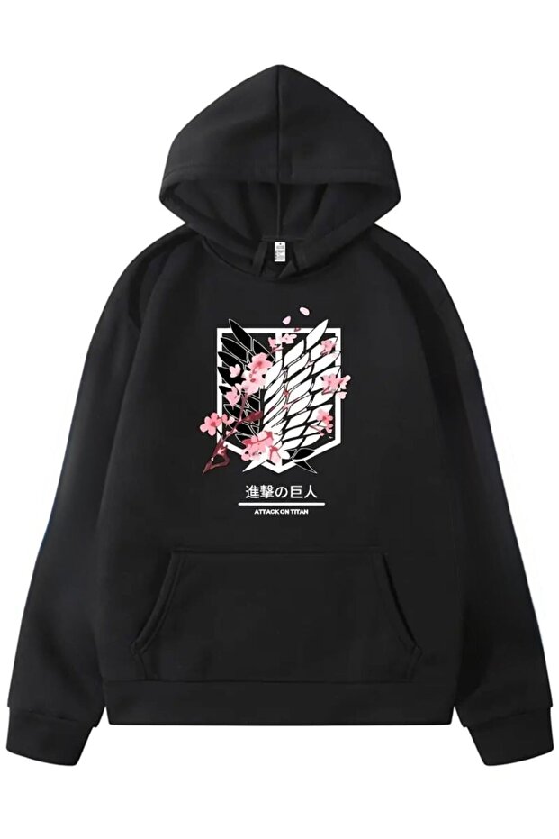 Sakura Discovery Union Printed Hooded Cotton Black Sweatshirt with Pockets