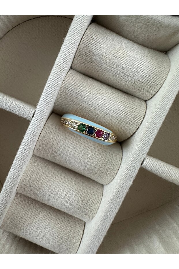 خاتم ذهبي مرصع بالمينا الزرقاء والأحجار الكريمة متعددة الألوان - 1