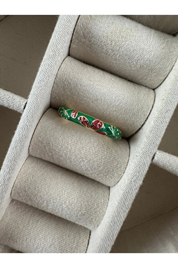 Thin Ring with Green Enamel Leaf Pattern - 1