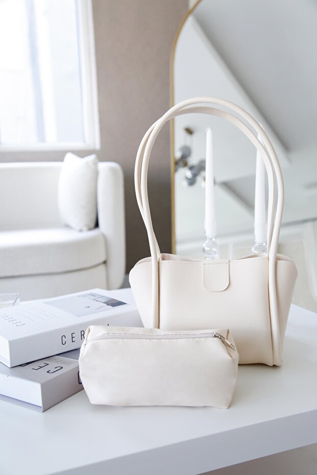Cream-Colored Stylish Women's Snap-Fastener Hand and Shoulder Bag with Wallet & Makeup Bag (Marteniçka Bracelet Is a Gift!) !))