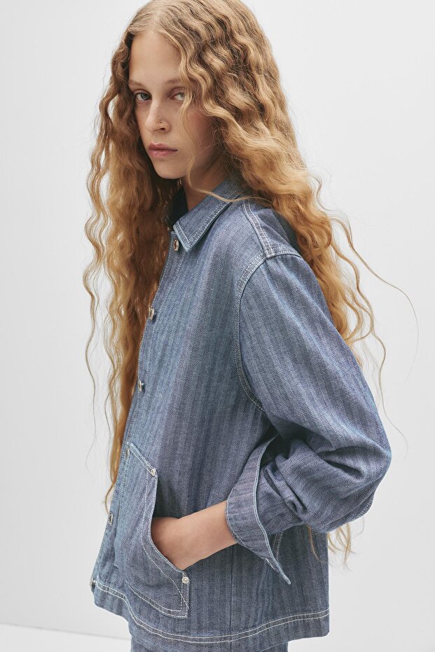 Çizgili Kot Ceket - 5