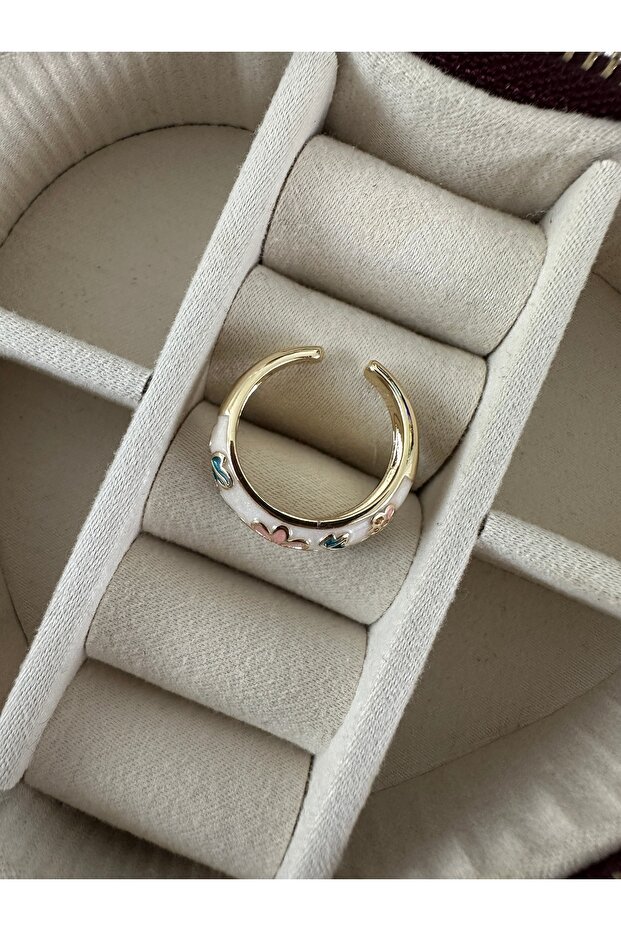 White Enamel Flower Pattern Adjustable Ring - 2