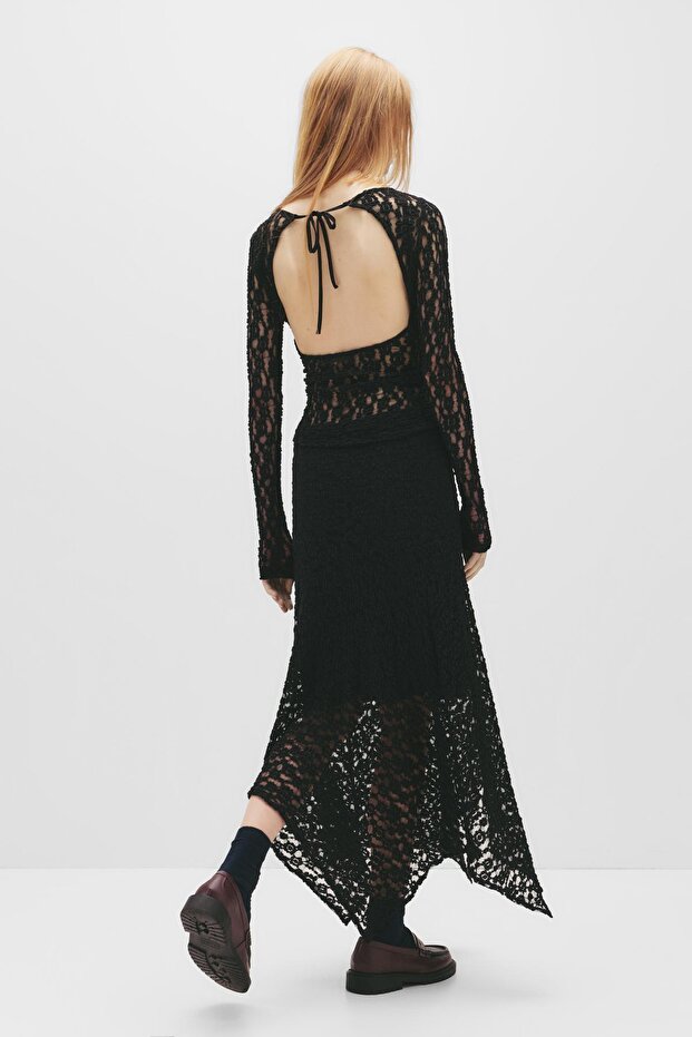 Asimetrik dantel midi etek - 4