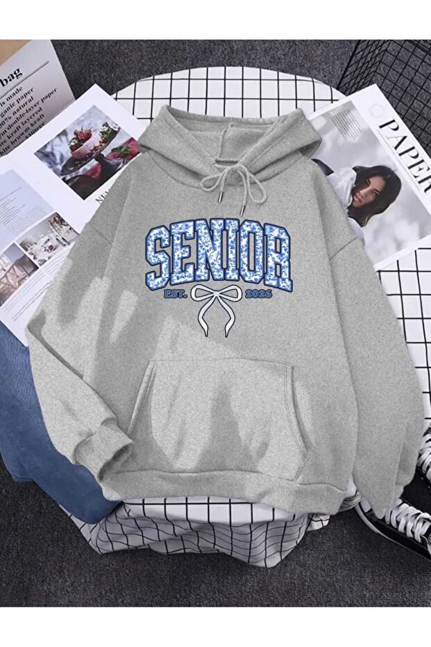 Senior Ribbon Printed Hooded Cotton Gray Sweatshirt with Pockets