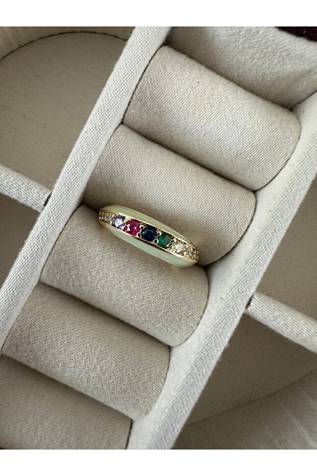 خاتم ذهبي مرصع بالمينا الزرقاء والأحجار الكريمة متعددة الألوان - 1