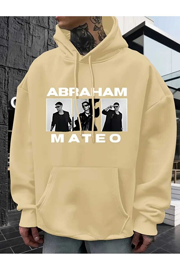 Abraham Mateo Printed Hooded Cotton Beige Sweatshirt with Pockets