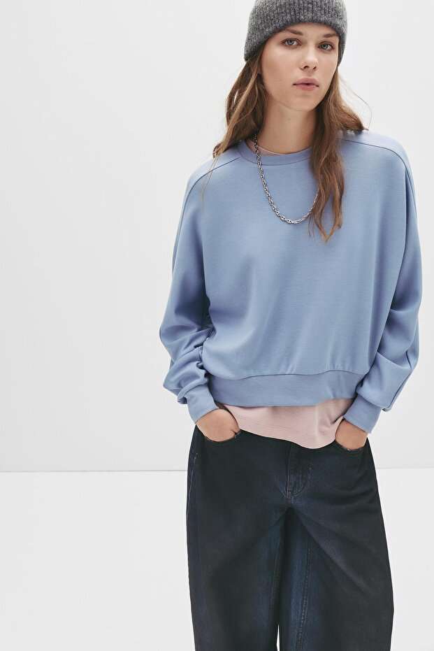 Düz renk bisiklet yaka sweatshirt - 2