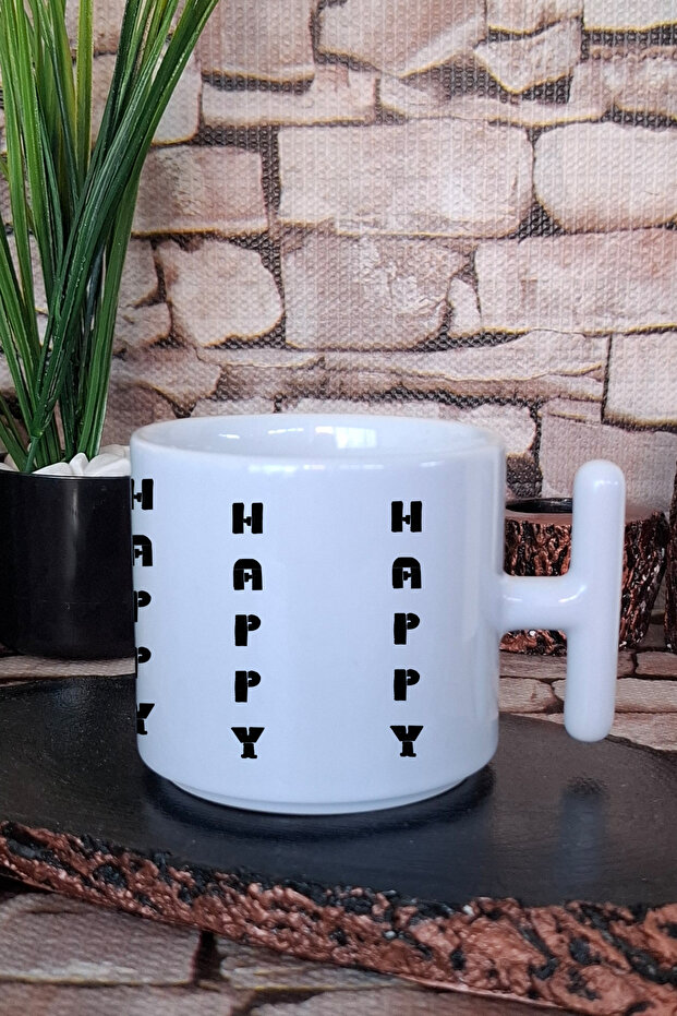 كوب لاتيه مطبوع عليه Happy Baskılı T بمقبض