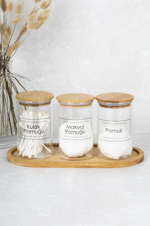 3-Piece Bamboo Lid and Bamboo Stand Cotton Set Borosilicate Glass Storage Container with Transparent Label 250 ml