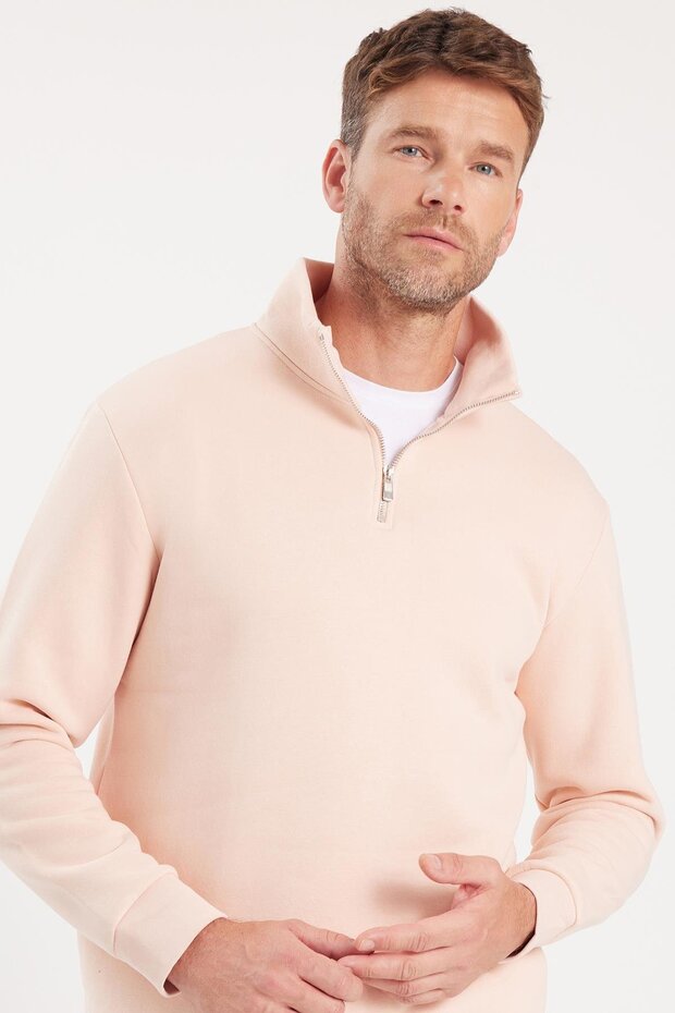 Unisex Relax Fit Comfortable Cut Cotton Fleece Lined Half Zipper Salmon Stand Collar Sweatshirt