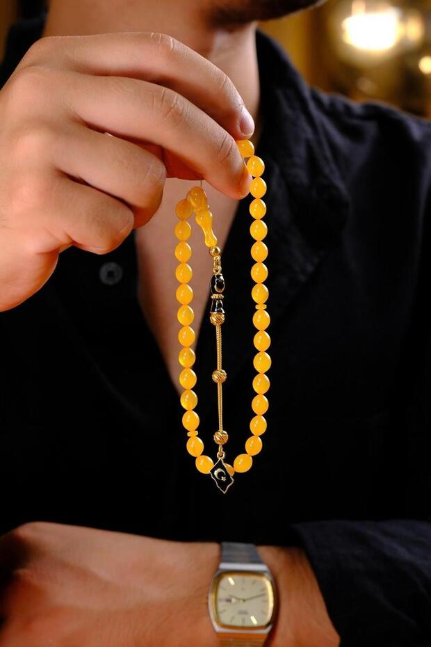 Wrist-Length Silver Crescent and Star Design Fire-I Crimped Amber Prayer Beads