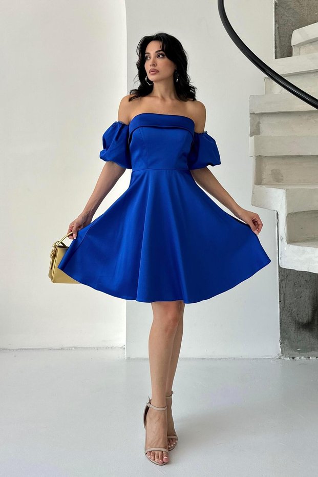 Cobalt Blue Balloon Sleeve Detailed Mini Satin Evening Dress