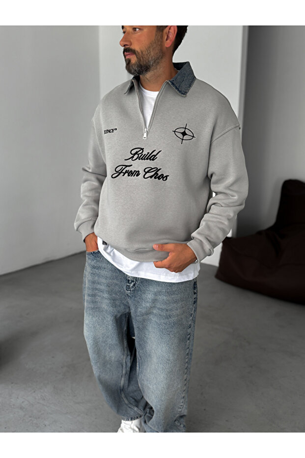 Gri Kot Yaka Build Oversize Sweatshirt ES-71-76 - 4
