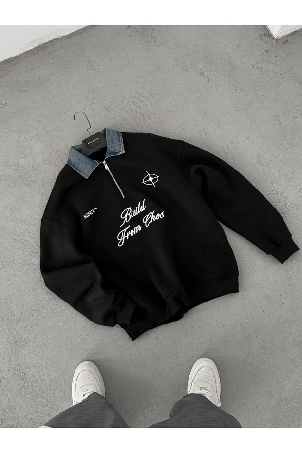 Siyah Kot Yaka Build Oversize Sweatshirt ES-71-76 - 7