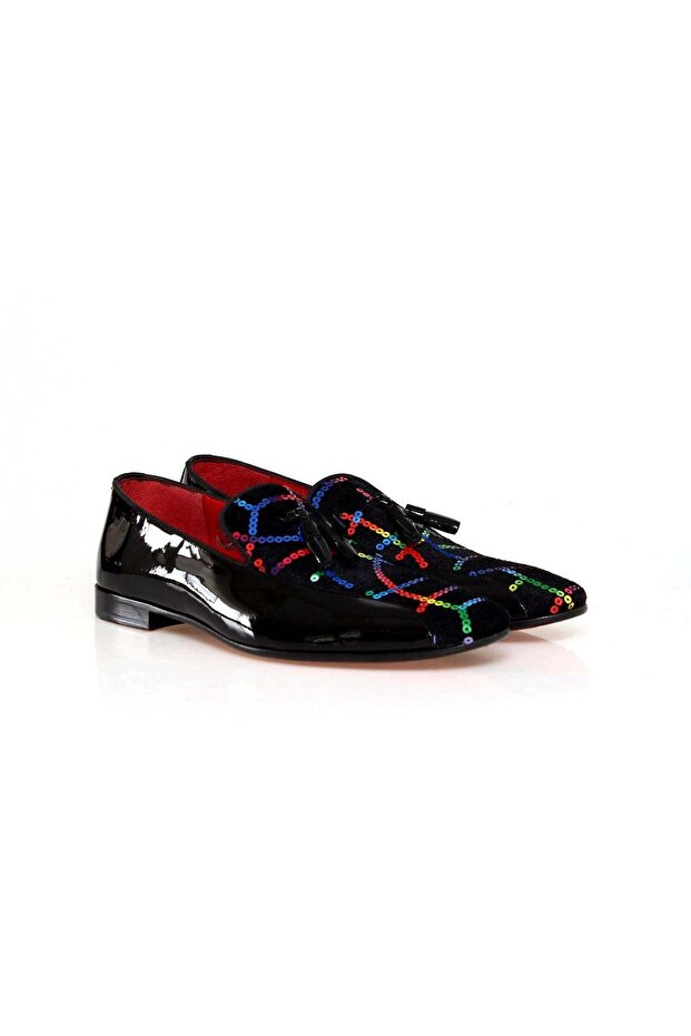 Black Color Genuine Leather Patent Leather Rainbow Sequins Men's Shoes