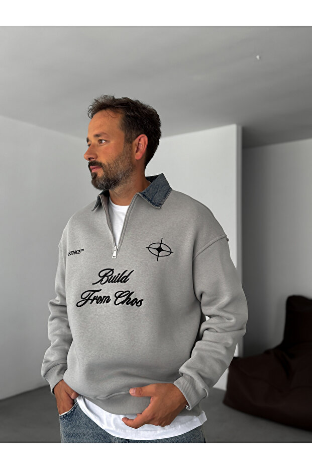 Gri Kot Yaka Build Oversize Sweatshirt ES-71-76 - 5