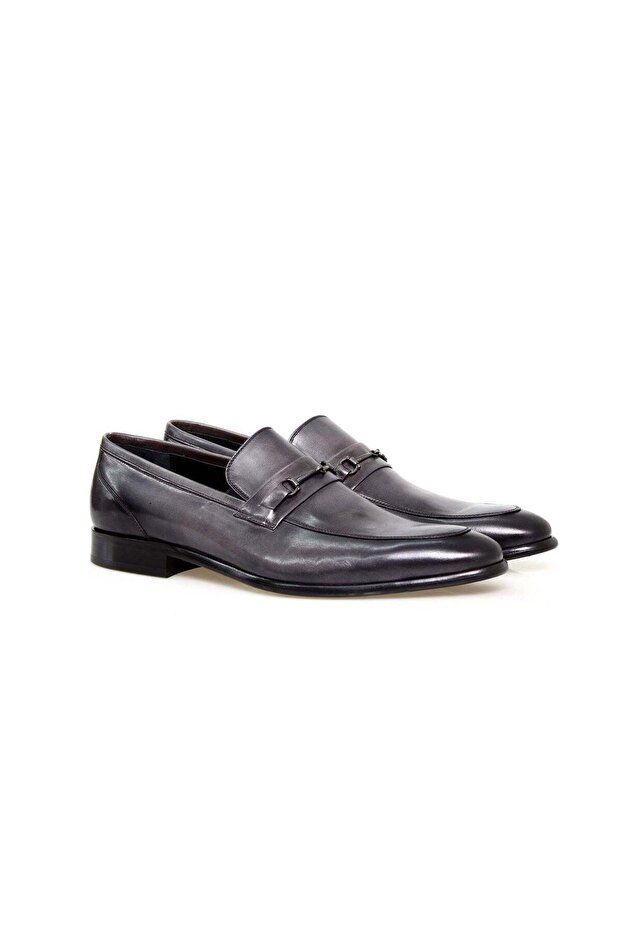 Gray Color Laceless Genuine Leather Men's Shoes