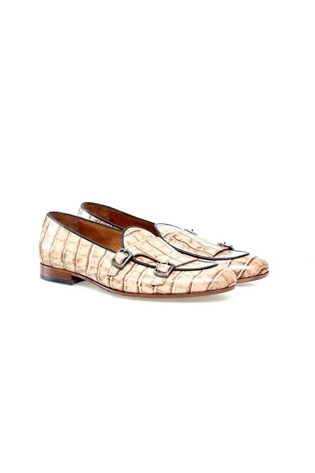 Beige Color Laceless Genuine Leather Men's Shoes