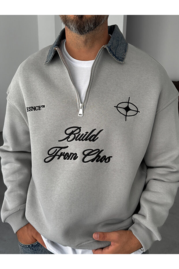 Gri Kot Yaka Build Oversize Sweatshirt ES-71-76 - 3