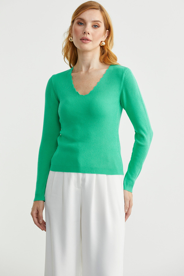 Ribbed Basic V-Neck Knit Sweater - Green - 2