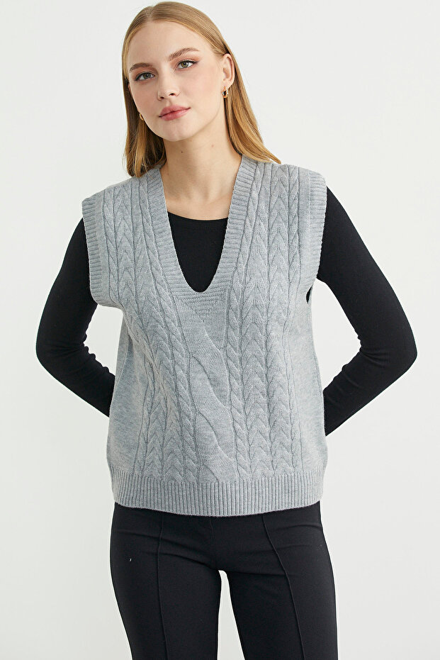 V-Neck Hair Knitwear Sweater - Gray