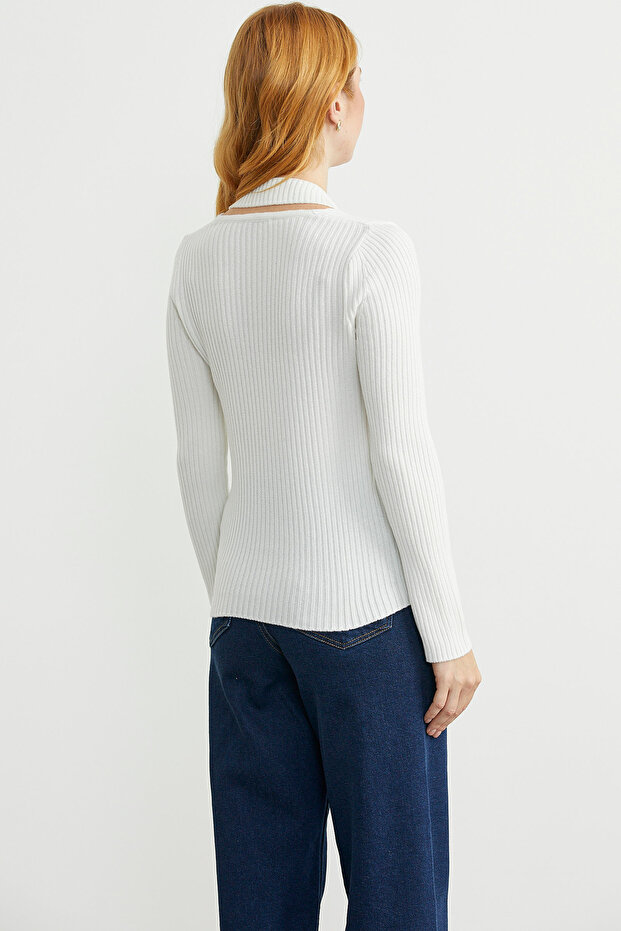 Halter Neck Ribbed Knit Sweater - Bone - 5