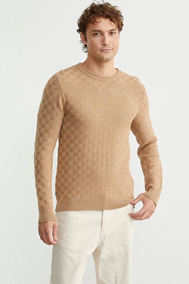 سترة تريكو بياقة دائرية - بيج - 3