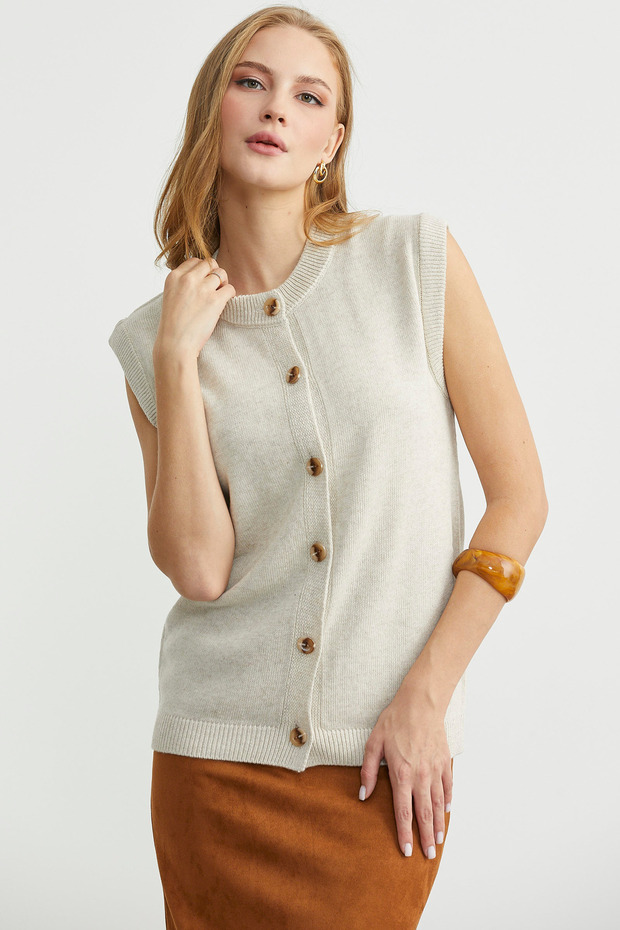 سترة صوفية محبوكة بأزرار - لون حجري - 5