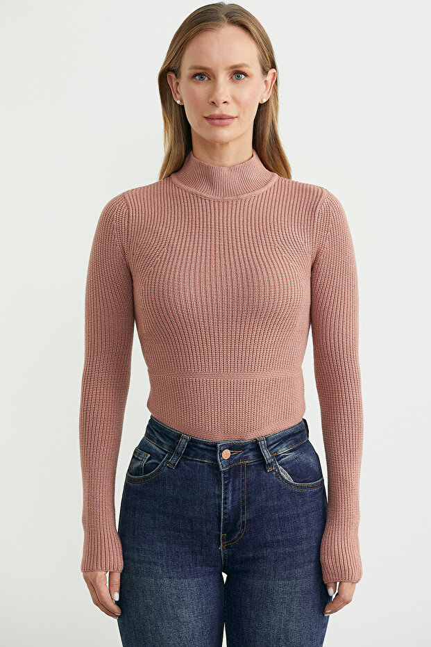 Half Fisherman Ribbed Bodysuit Knitwear Sweater - Rose