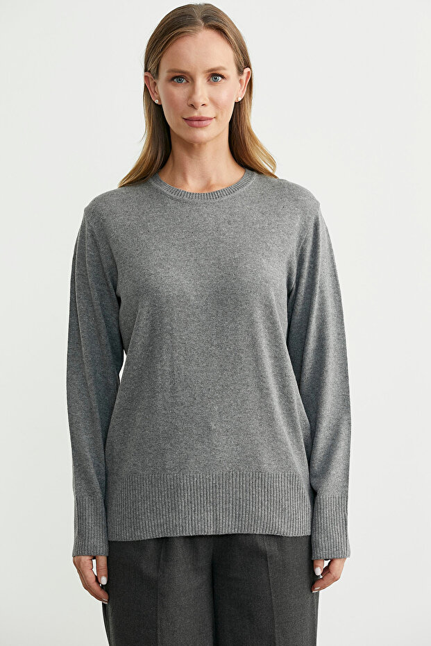 Bisiklet Yaka Yünlü Basic Triko Kazak - Gri - 2