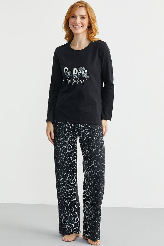 طقم مريح من قماش النمر ذو الملمس الناعم - أسود - 1