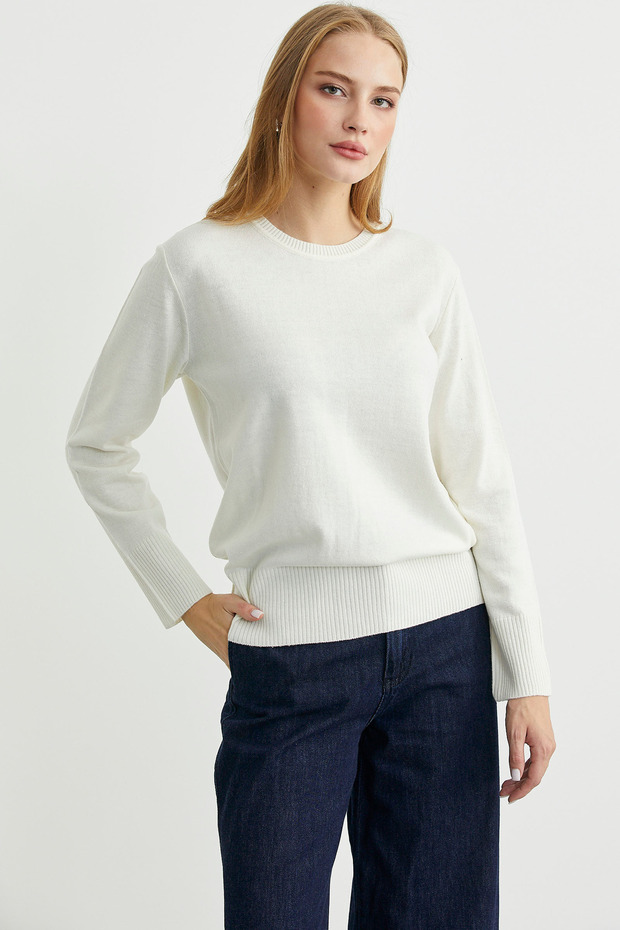 Bisiklet Yaka Yünlü Basic Triko Kazak - Kemik - 5