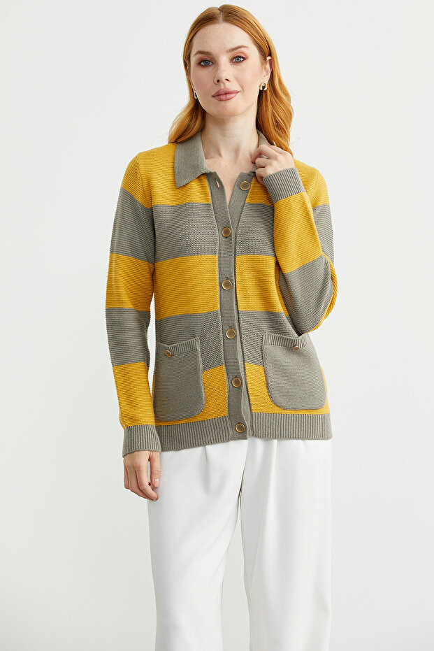 Woolen Color Striped Pocketed Knitwear Cardigan - Milk Coffee