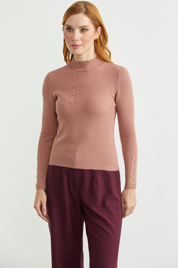 Fitilli Dik Yaka Basic Triko Kazak - Gül - 3