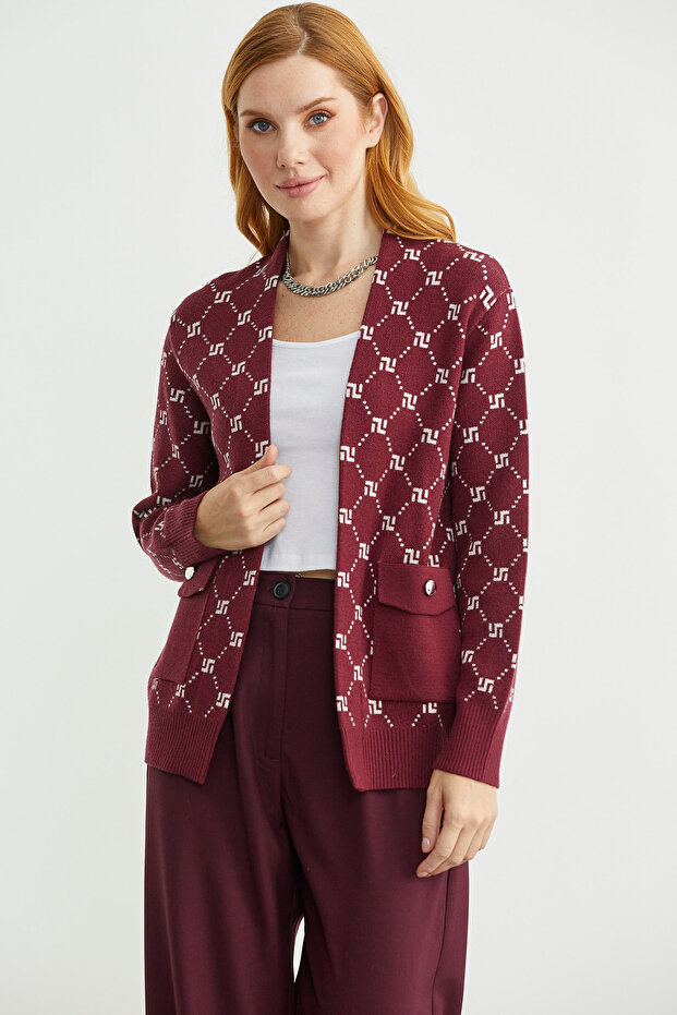 Oversized Knit Cardigan with Pocket Detail and Logo - Burgundy