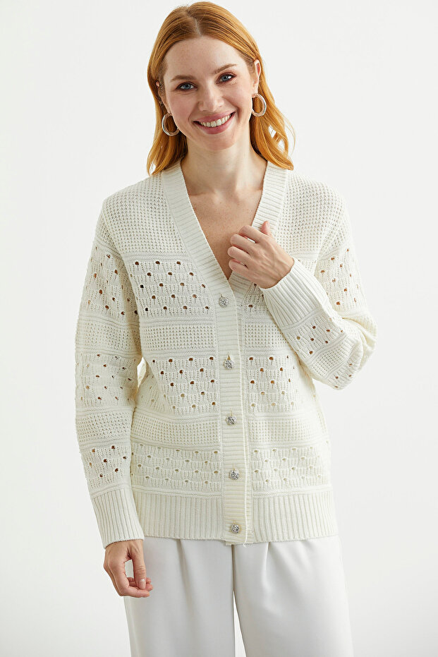 كارديجان صوف منسوج بنقشة ثقوب - لون عظمي - 3