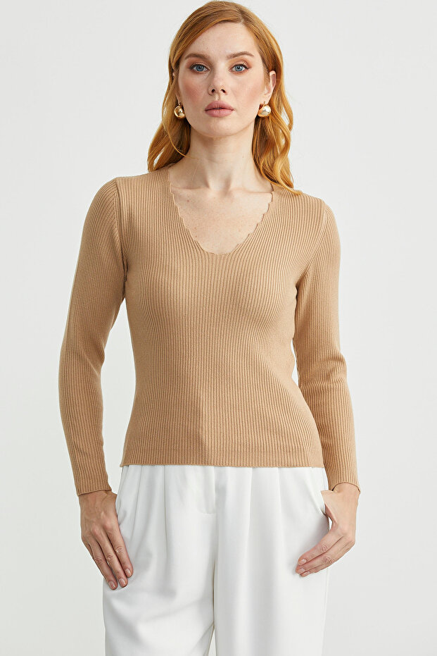 Fitilli Basic V Yaka Triko Kazak - Kamel - 1
