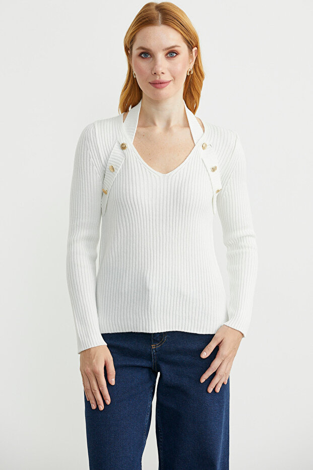 Halter Neck Ribbed Knit Sweater - Bone - 1