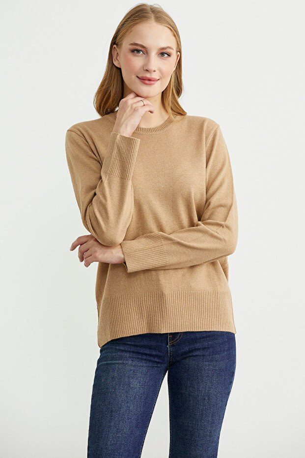 Bisiklet Yaka Yünlü Basic Triko Kazak - Kamel - 2
