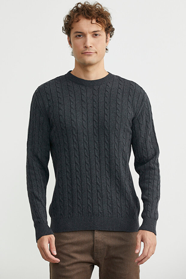 Cotton Hair Knit Detailed Sweater - Anthracite