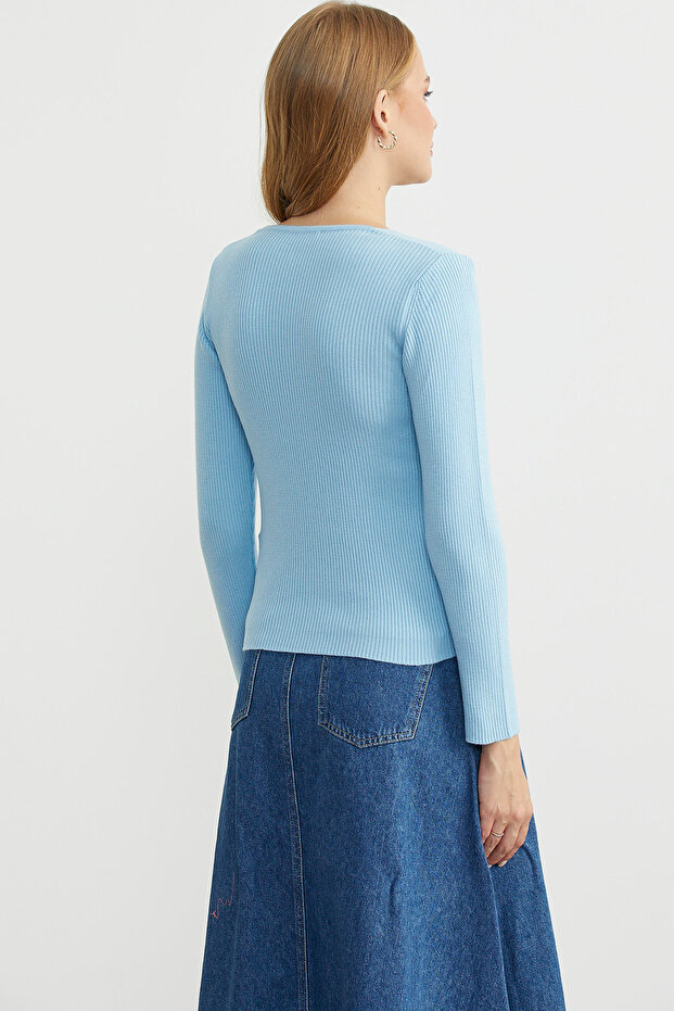 Fitilli Basic V Yaka Triko Kazak - Mavi - 6