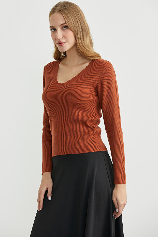 Fitilli Basic V Yaka Triko Kazak - Kiremit - 4