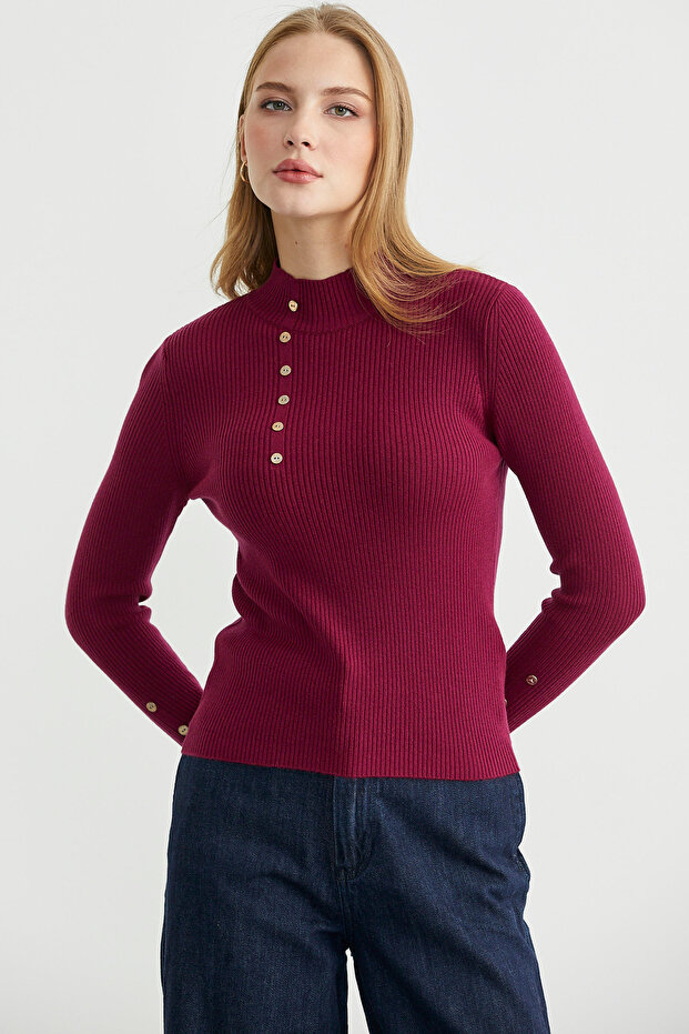 Fitilli Dik Yaka Basic Triko Kazak - Bordo - 2