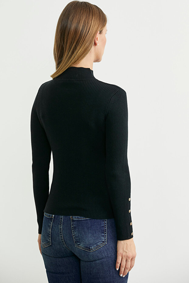 سترة تريكو أساسية بياقة عالية - أسود - 5