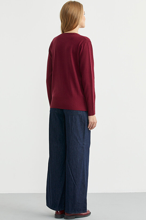 Bisiklet Yaka Yünlü Basic Triko Kazak - Bordo - 5